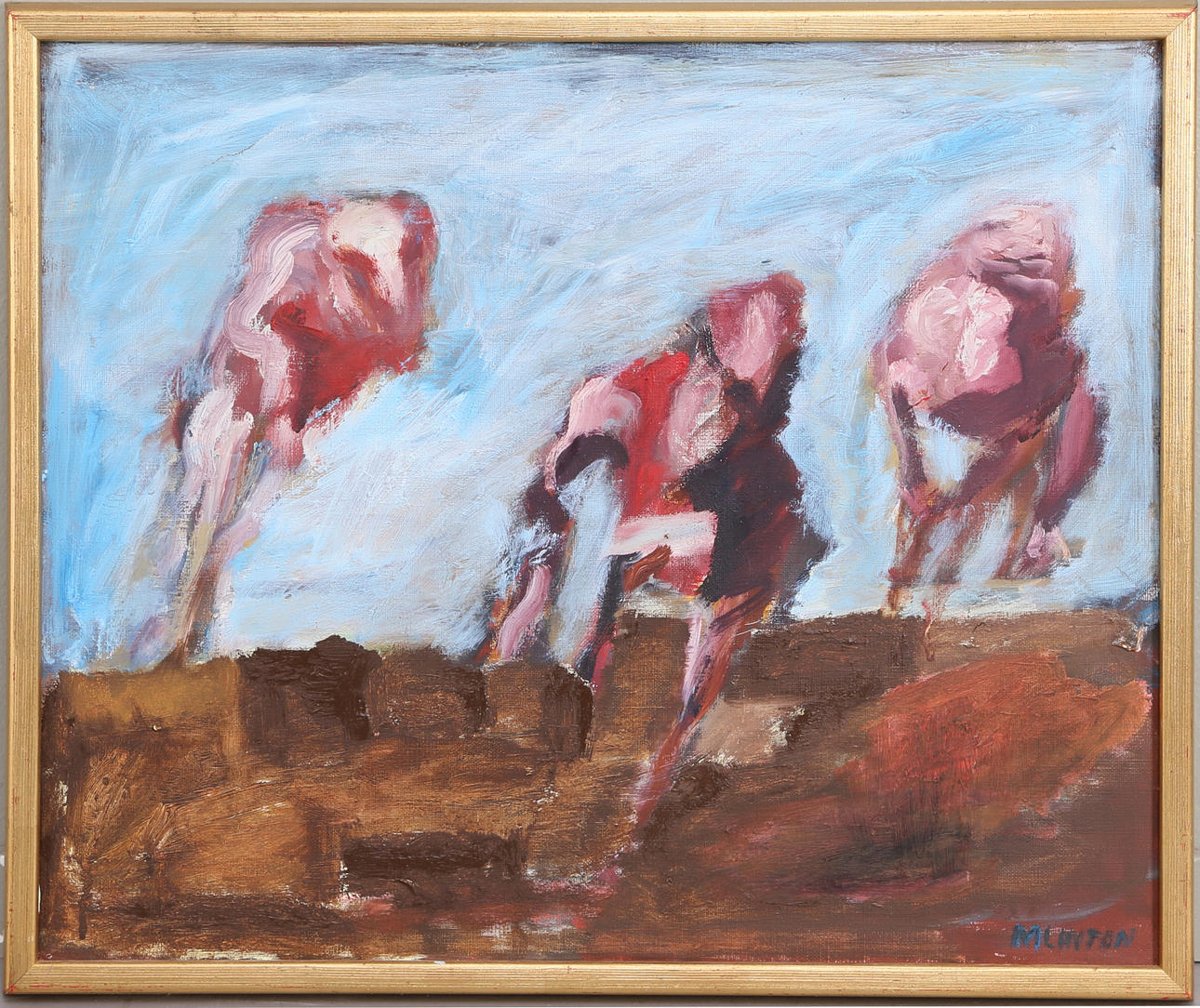 MARGARETA LINTON. Figurscen,olja på duk,signerad.