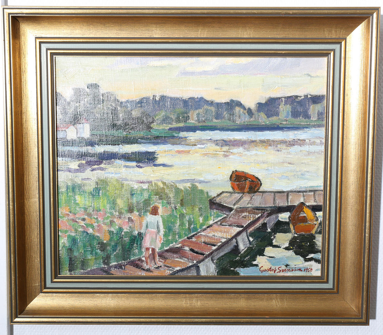 GUSTAF SVENSSON. Olja på duk, "Sommarkväll över Säterviken, Margaretelund", signerad, daterad 1950.