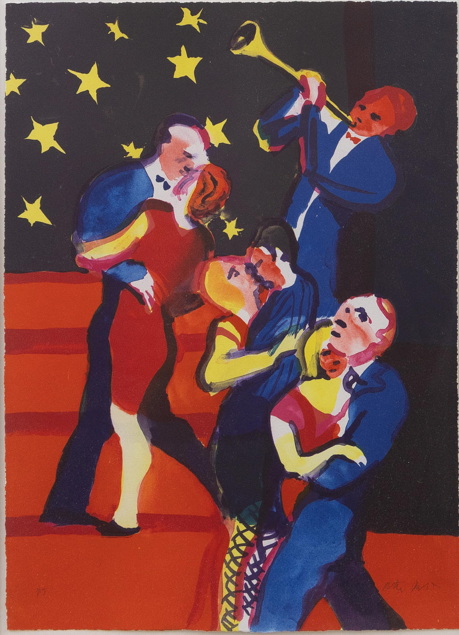 PETER DAHL. Dancing couple with trumpeter, lithograph no PT, signed.