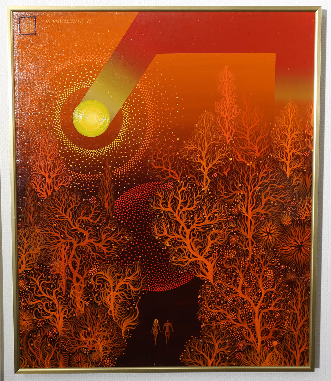 HENRYK PLOCIENNIK. Olja på duk, Fantasiskog i röda toner, signerad, daterad -77.