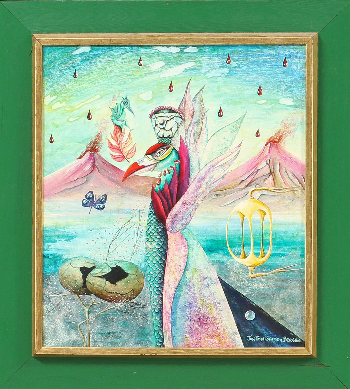 JAN TOM VAN DEN BERGEN. Surrealistisk bild, olja på pannå, signerad.