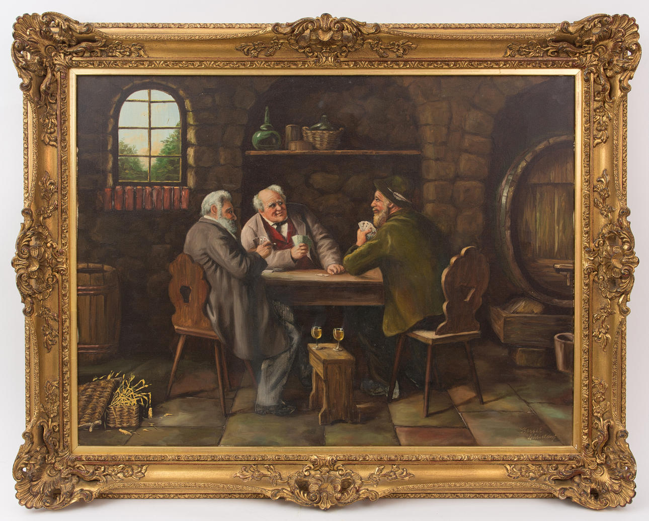 KESSEL. ”In the Tavern”, oljemålning i magnifika ramar, skylt.