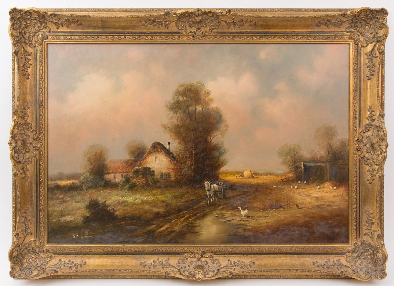 UNBEKANNTER KÜNSTLER. ”Haymaking på gården,” skylt.