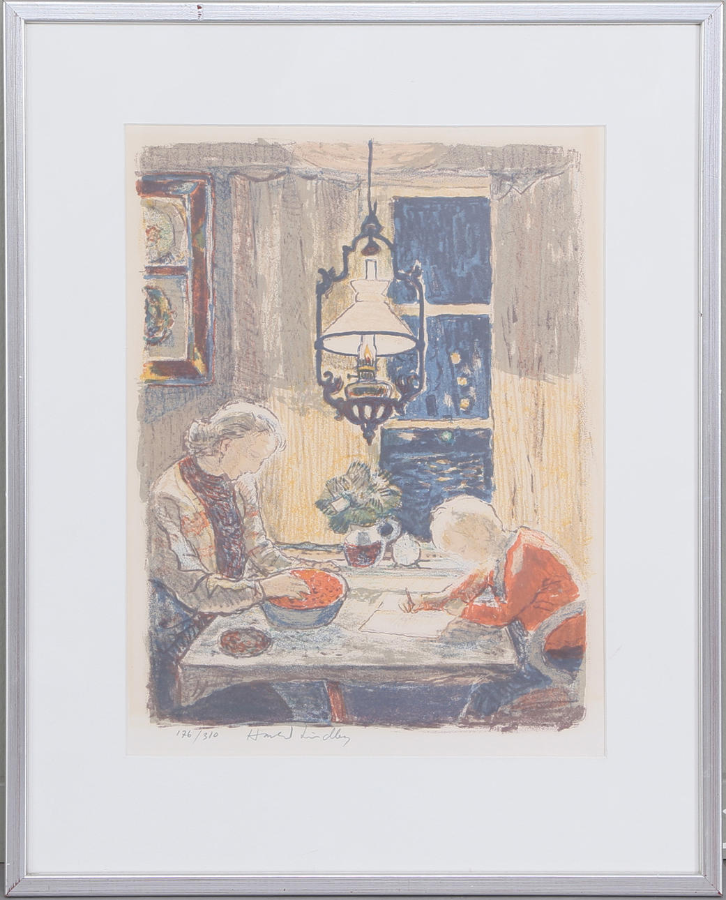 HARALD LINDBERG. I köket, färglitografi, numrerad 176/130, signerad.
