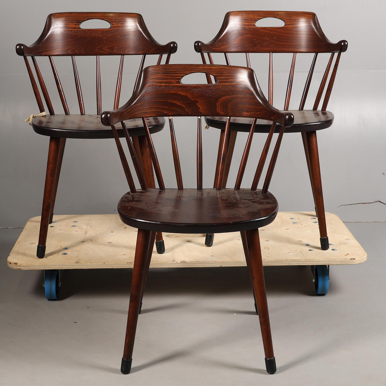 A SET OF THREE BEECH CHAIRS (3).