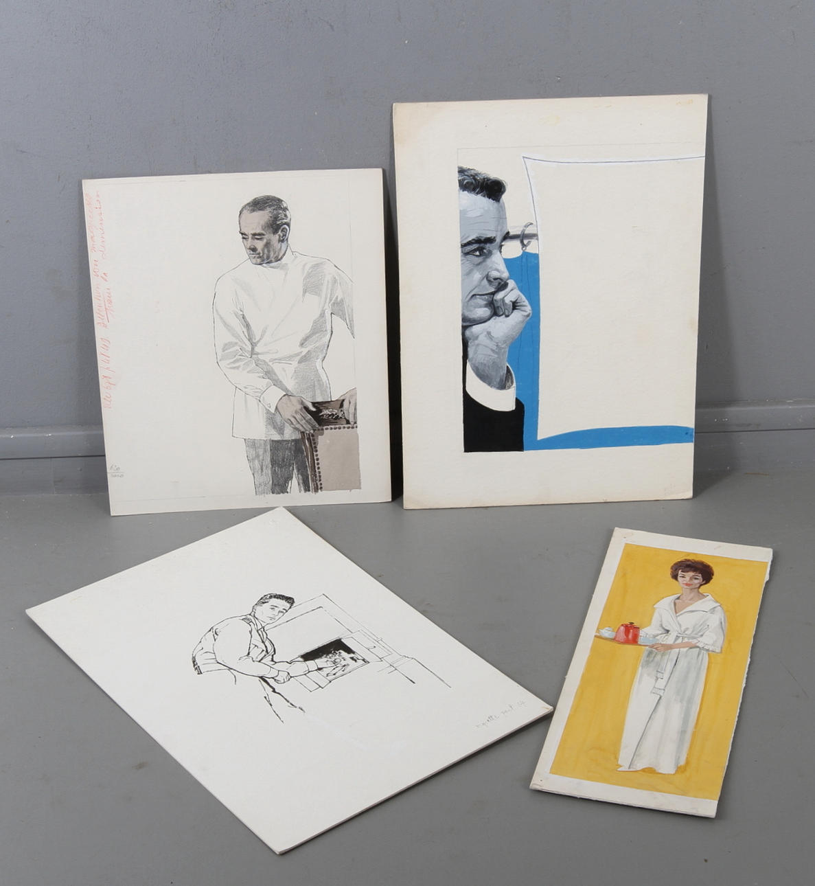 GERD MILLER. TILLSKRIVEN. 4 st, illustrationer, blandteknik.