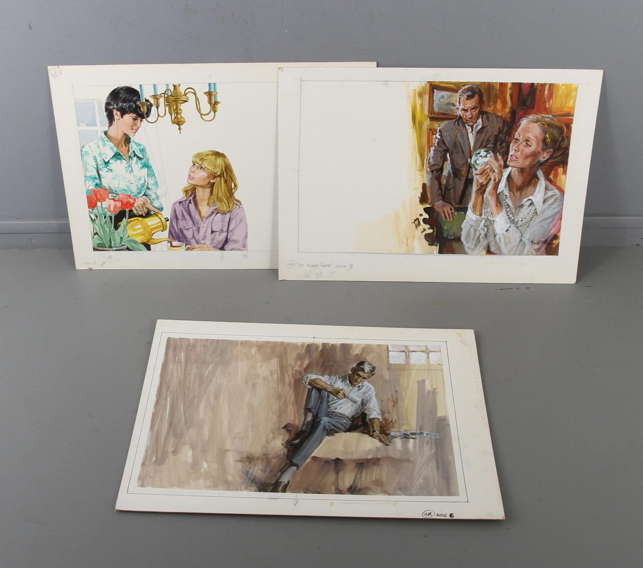 GERD MILLER. TILLSKRIVEN. 3 st, illustrationer, blandteknik.