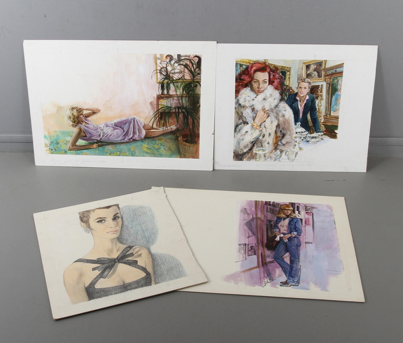 GERD MILLER. TILLSKRIVEN. 4 st, illustrationer, blandteknik.