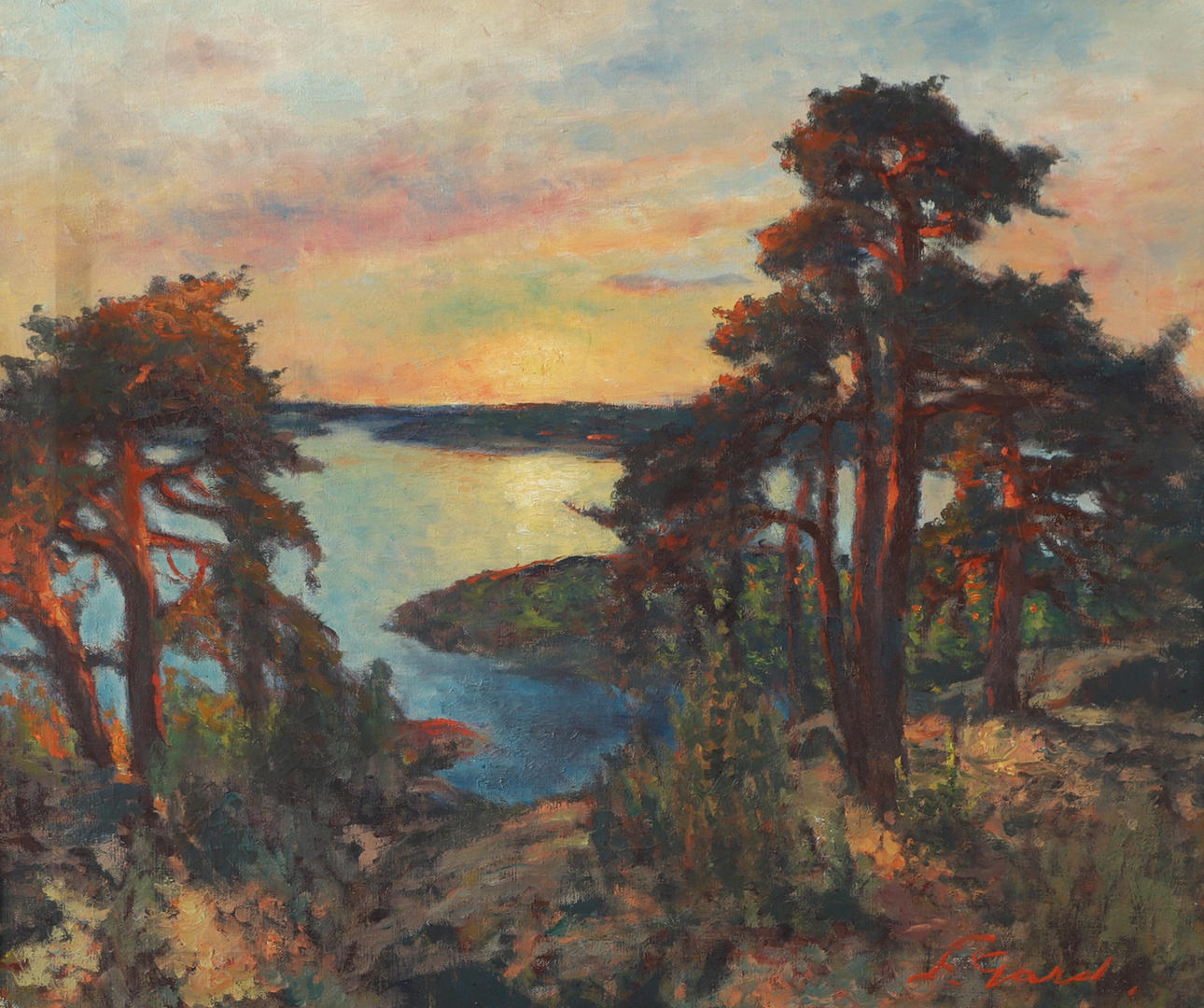 FRANS GARD. Solbelysta tallar, olja på duk, signerad F. Gard. Konst ...
