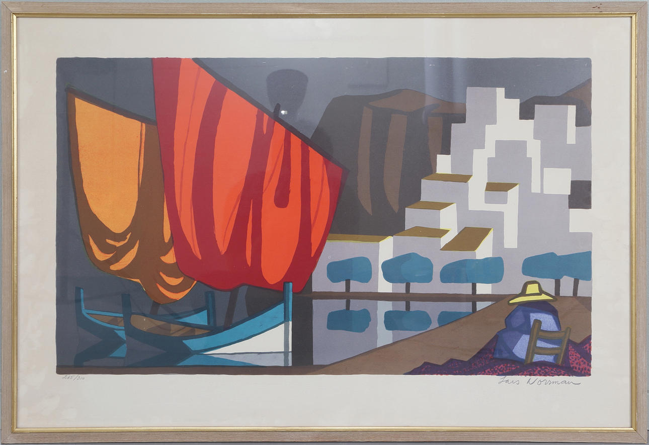 LARS NORRMAN. Hamnmotiv, färglitografi, nr 265/310, signerad.