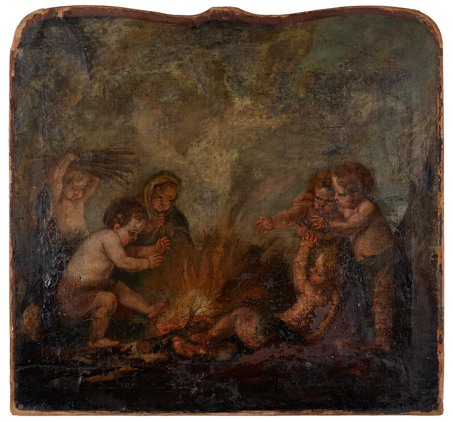 OLJEMÅLNING, RESTAURERING OBJEKT. lägereld. 5 barocka pojkar med beslöjad flicka.