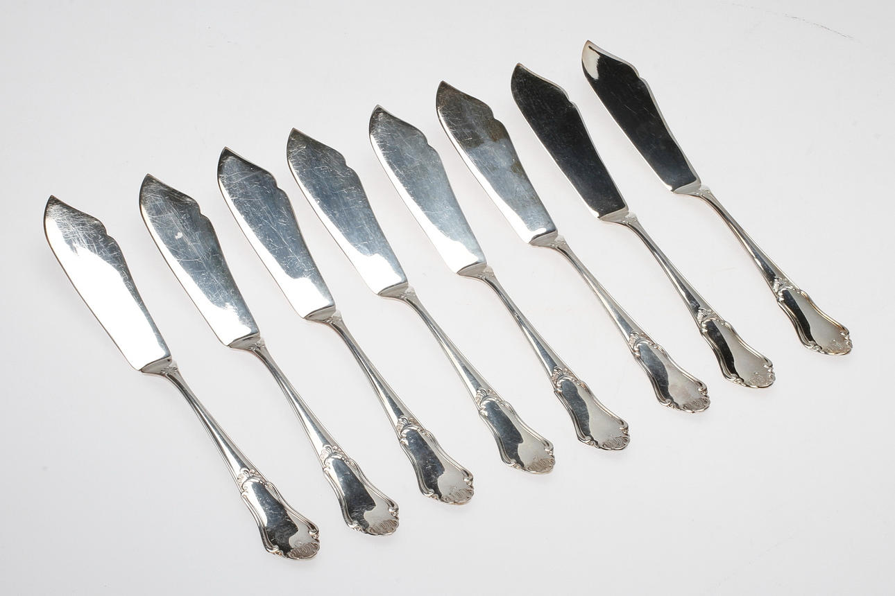 FISKKNIVAR, 8 st, nysilver, "Eva", 1900-tal.