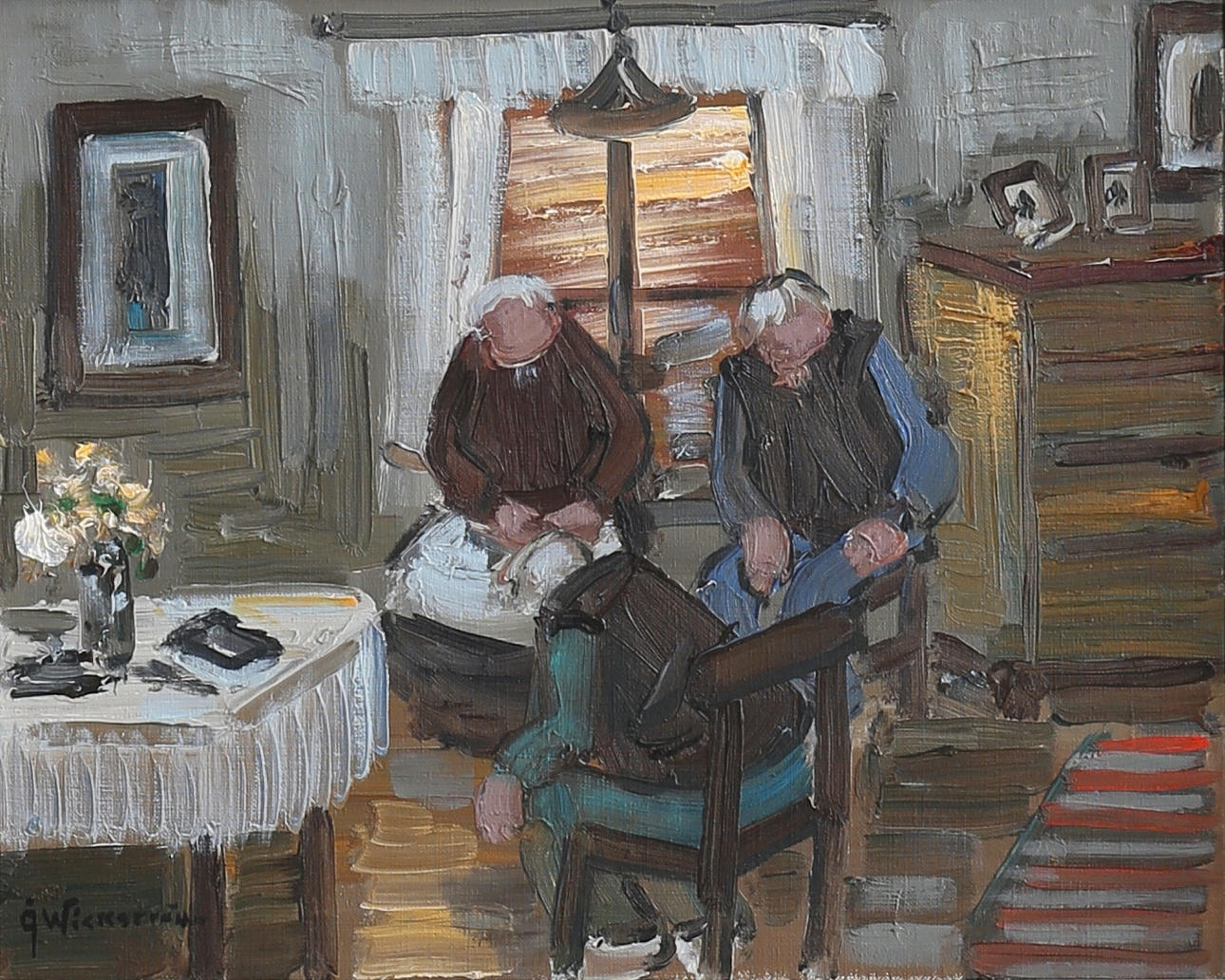 ÅKE WICKSTRÖM. Interiör med figurer. Olja på duk, signerad.