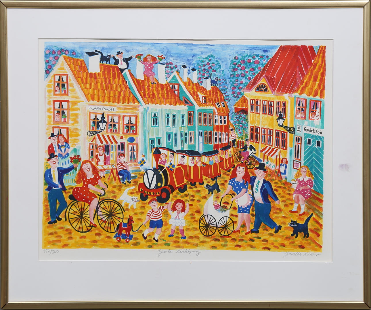 GUNILLA MANN. "Gamla Linköping". Färglitografi, signerad och numrerad 352/360.