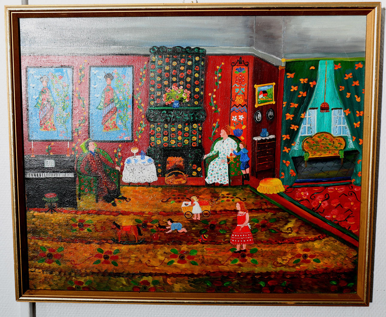 INEZ W NILSSON. Olja på duk, Eftermiddagste i salongen, signerad a tergo.