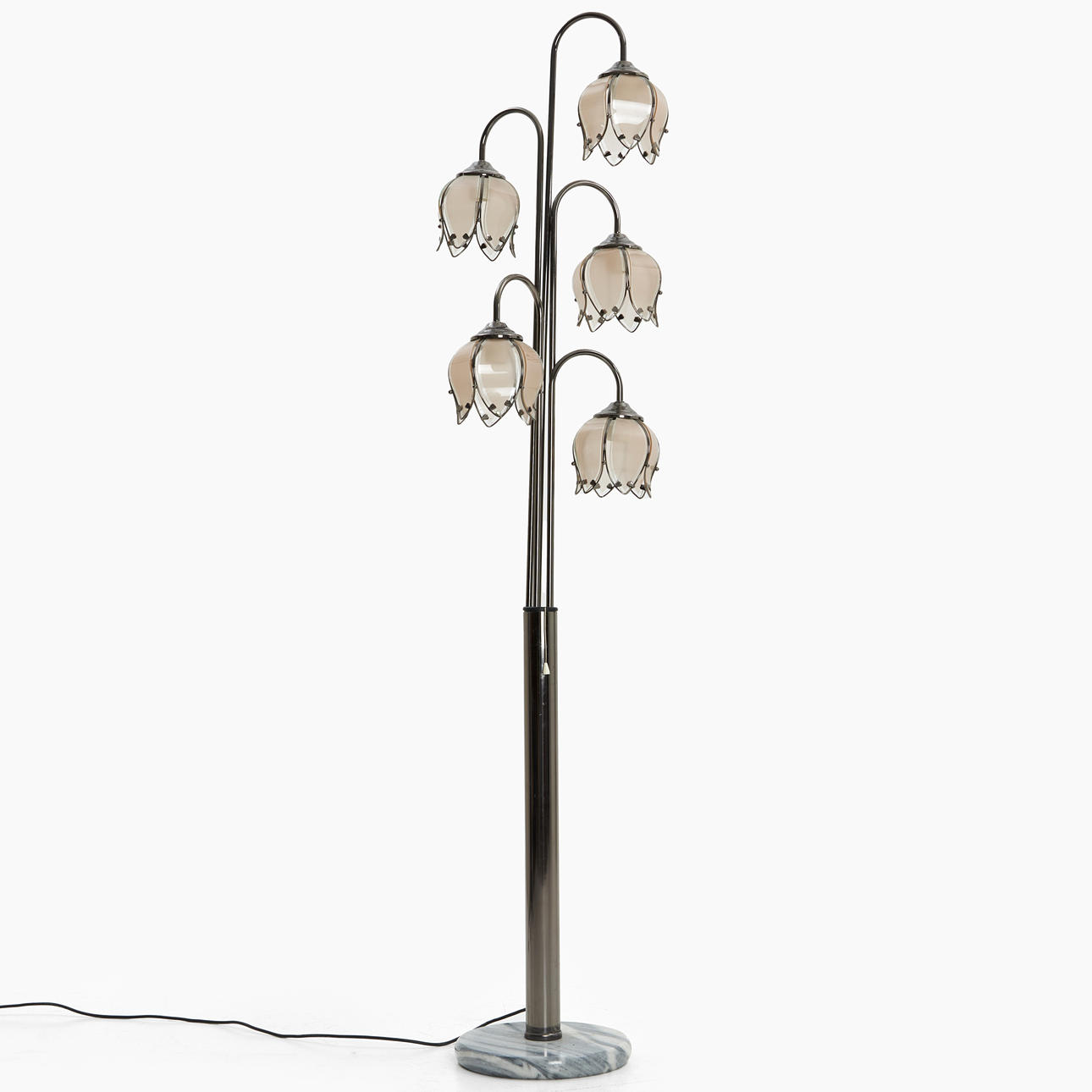 FLOOR LAMP, “Tulip”, chromed frame with base in stone, 5 light points ...