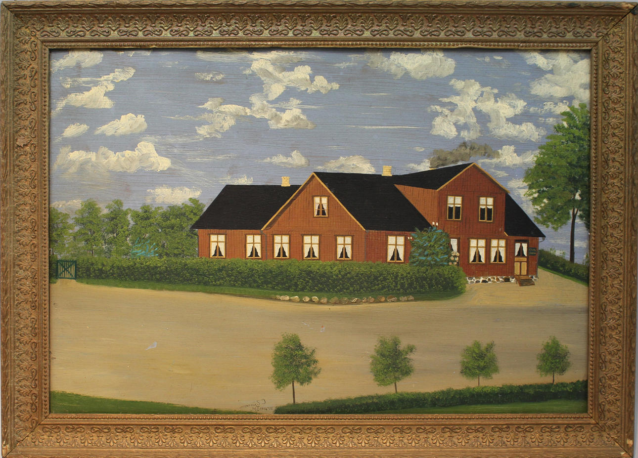 CARL SJUNESSON. Gården. Gåramålning. Olja på papp. Signerad nossennujS C och daterad MDCCCCVIII (1908).