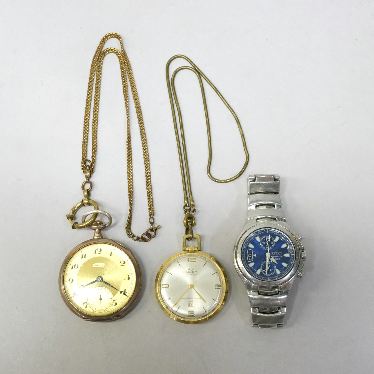 TWO POCKET WATCHES AND WRISTWATCHES.
