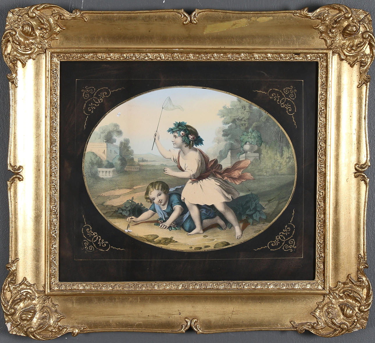 OIDENTIFIERAD KONSTNÄR. Fjärilsjakt, handkolorerat litografi, W. Zawitz Förlag, Berlin, 1800-talets mitt.