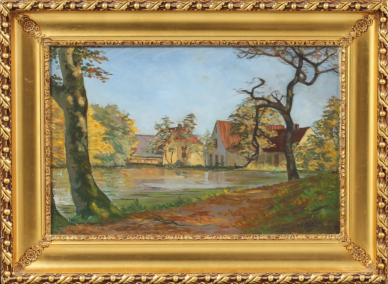 OIDENTIFIERAD KONSTNÄR, gårdsmotiv, olja på duk, sign A.Cole.