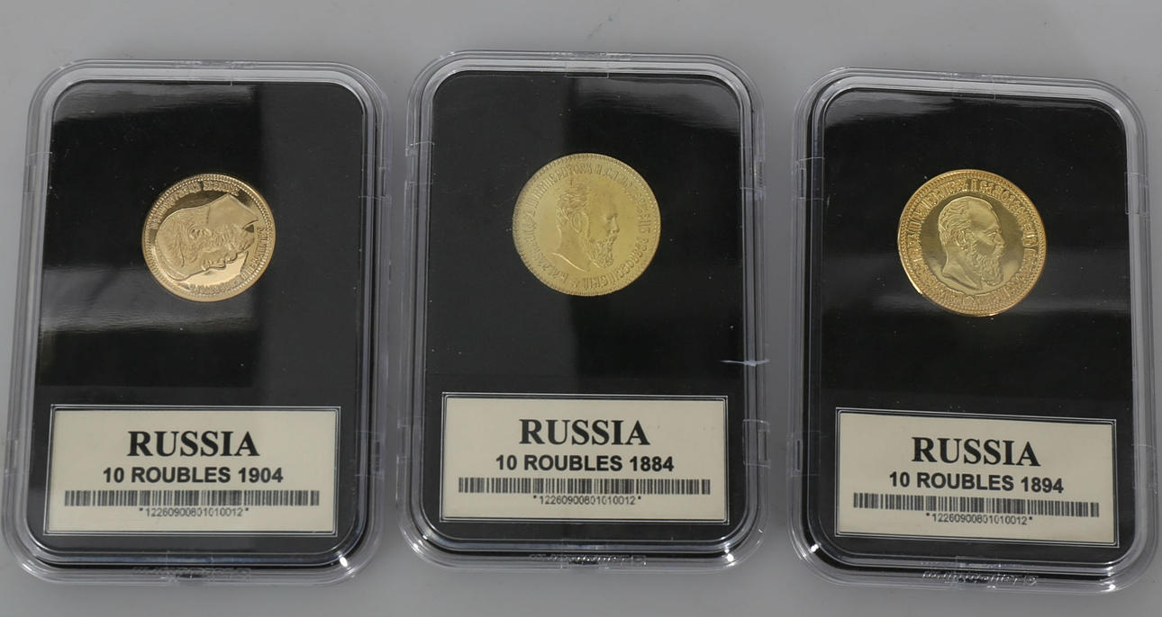 SAMLARMYNT, gulmetall, 10 rubel, 3 stycken, 1900-tal.