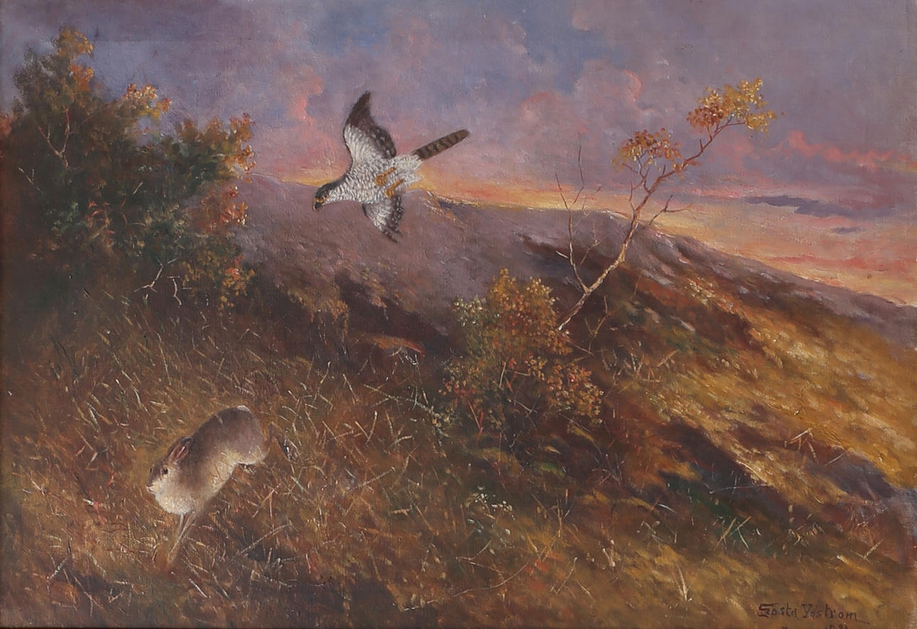 GÖSTA YDSTRÖM. Hare jagad av rovfågel. Olja på duk, signerad och daterad 1921.
