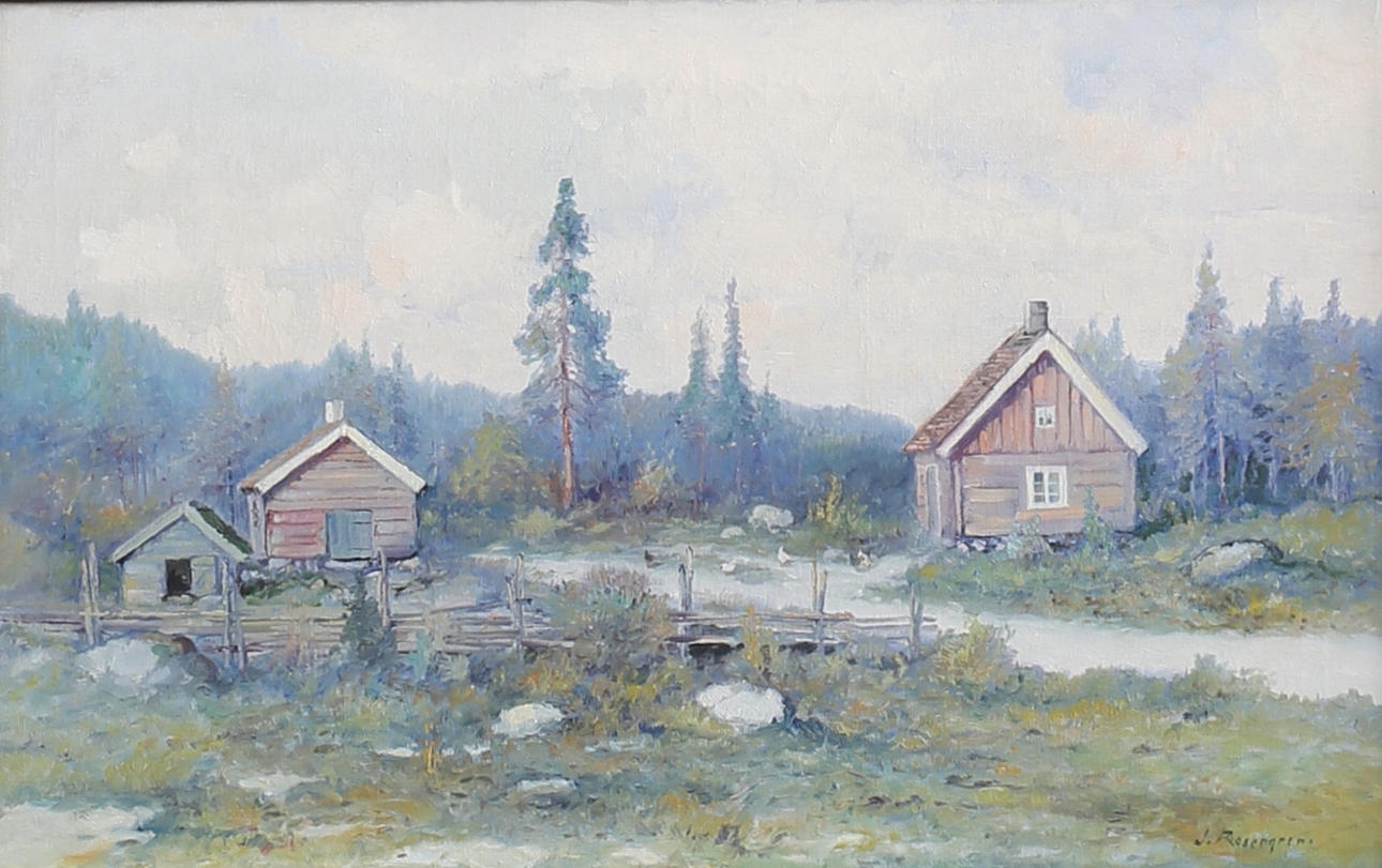 JEAN ROSENGREN. Stugor i landskap. Olja på duk, signerad.