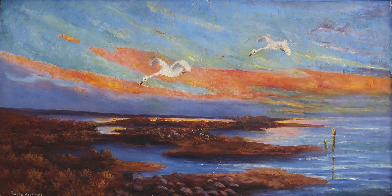 GÖSTA YDSTRÖM. Flygande svanar. Olja på duk, signerad och daterad 1917.