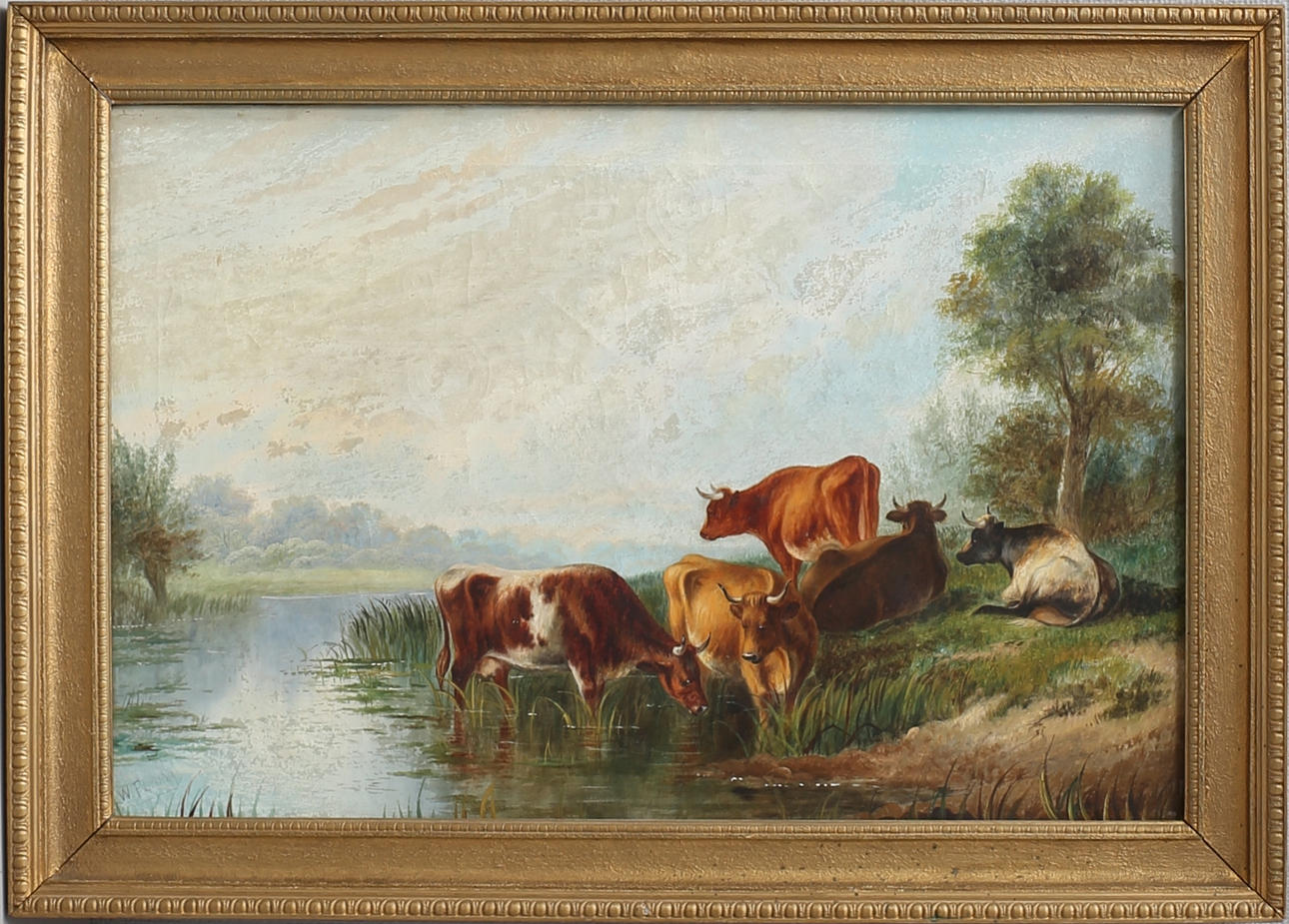 OIDENTIFIERAD KONSTNÄR. Kor vid vattenbryn. Olja på duk, signerad W. Fleming.