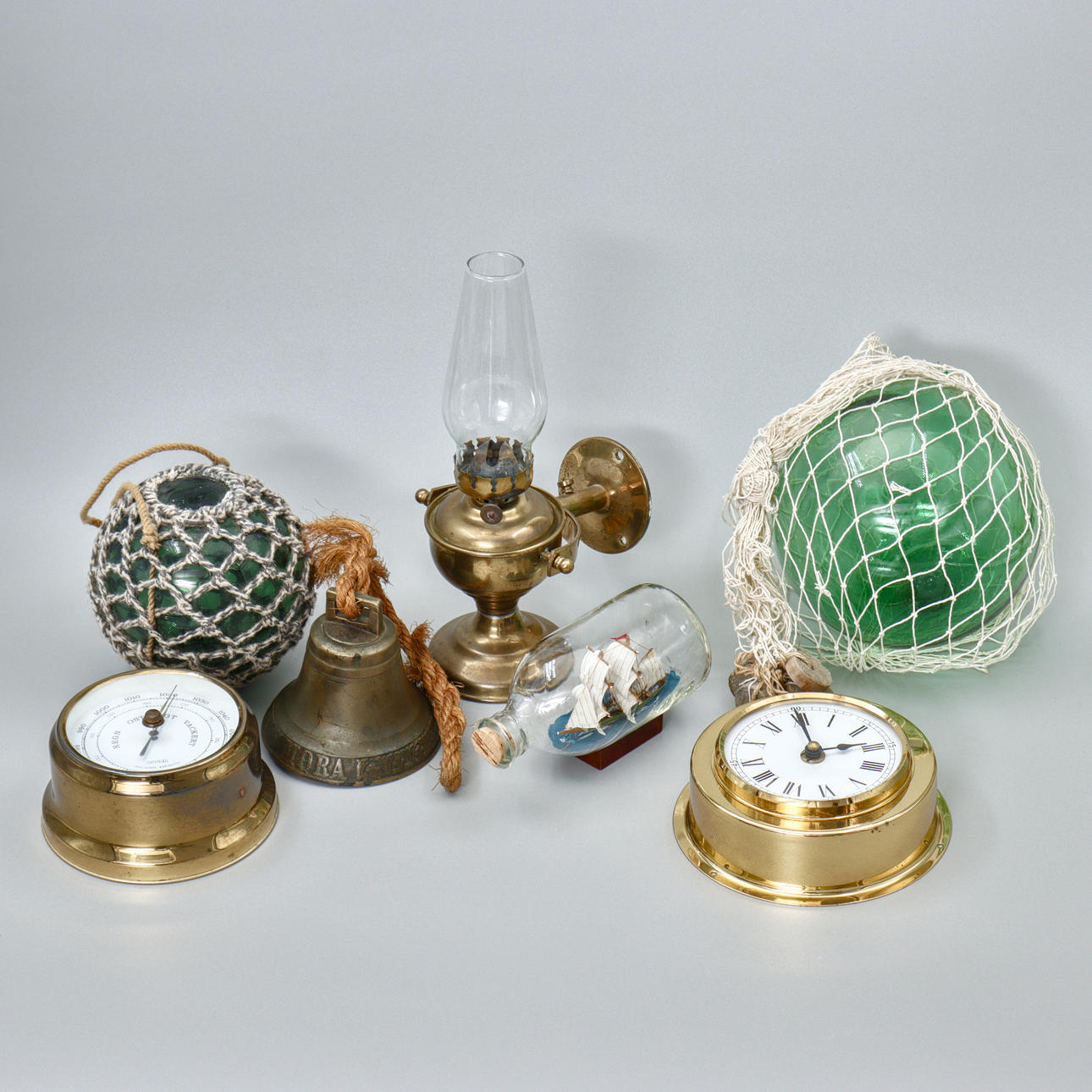 GLASS FLOATS, BAROMETER, SHIP LAMP, WELLING BELL, BOAT MODEL, 7 MARINE ...