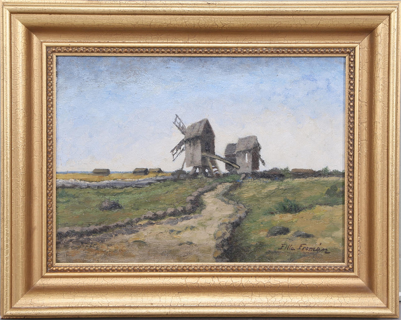 FILLE FROMÉN. "Väderkvarnar, Öland", olja på pannå, signerad Fille Fromén.