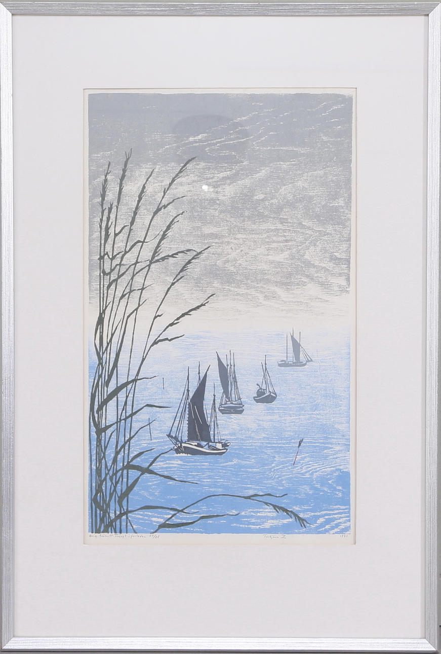 TORBJÖRN ZETTERHOLM. "Trångt i farleden", träsnitt, signerad o daterad Torbjörn Z.