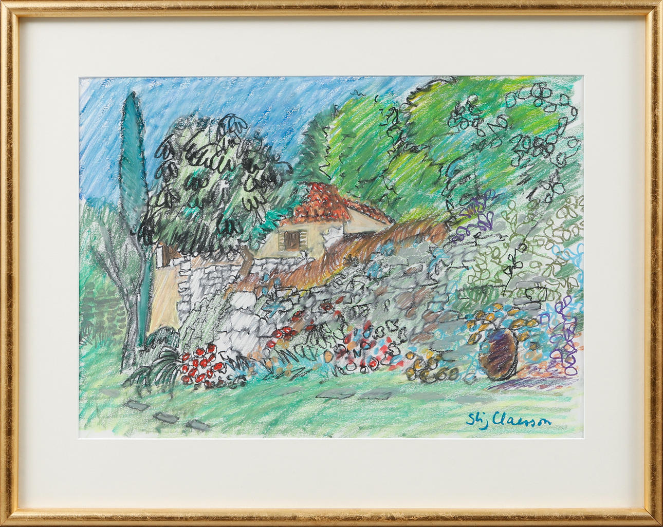 STIG CLAESSON. Baum und Haus, Pastell, signiert.