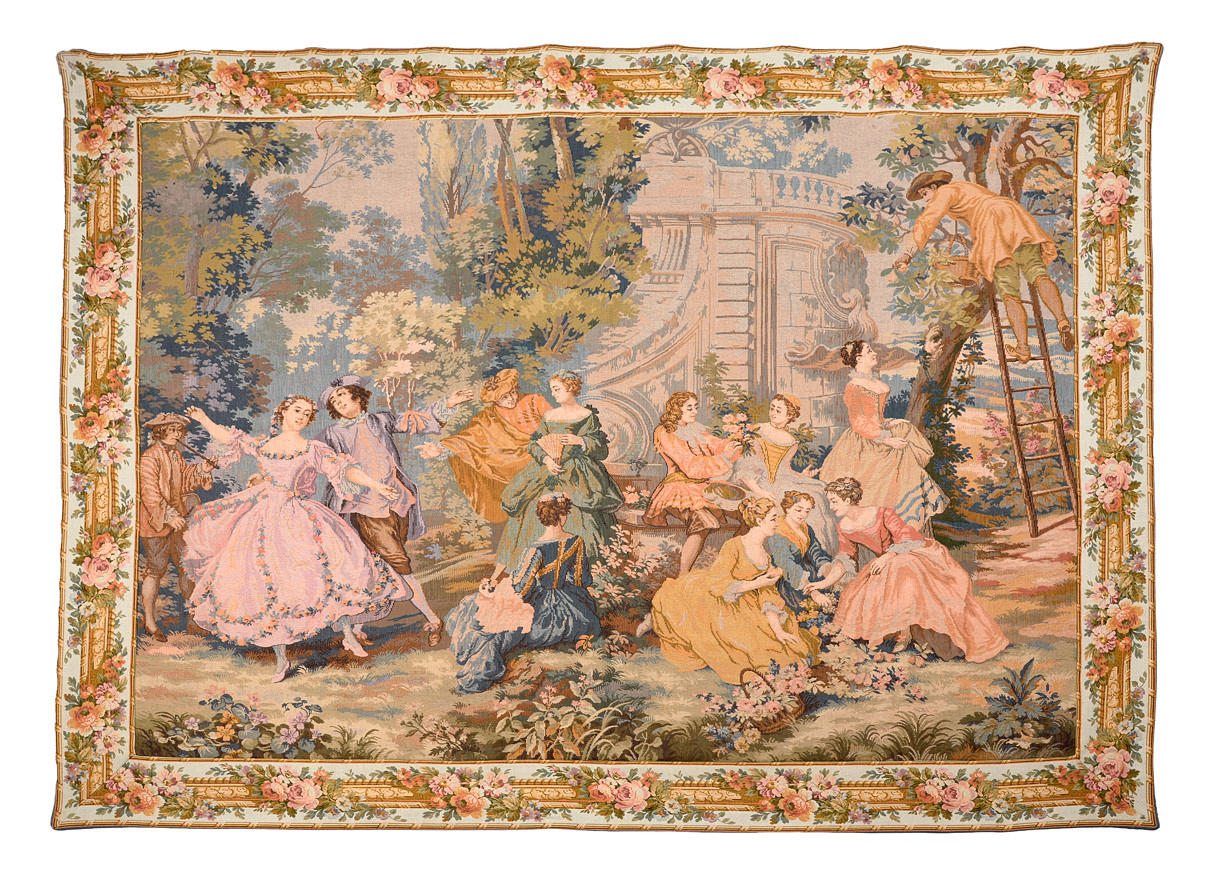 GOBELÄNG. Tapestry med en flersiffrig rokoko scen framför en slottbakgrund.
