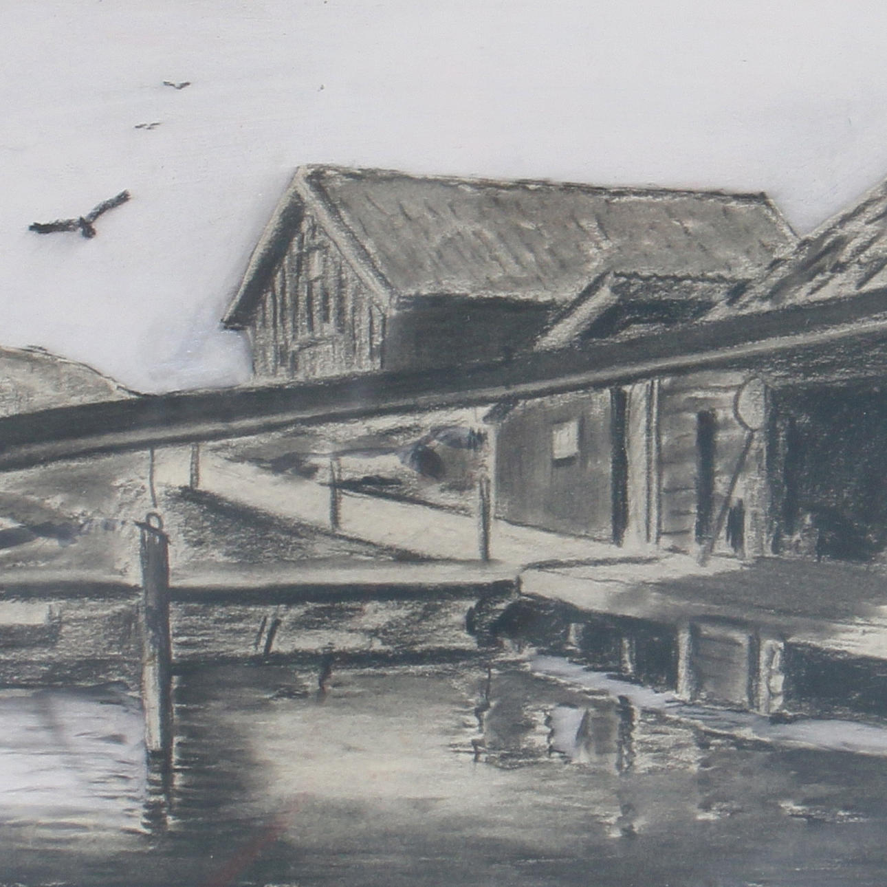 EWALD NIELSEN. Gouache, byggnader vid brygga, signerad.