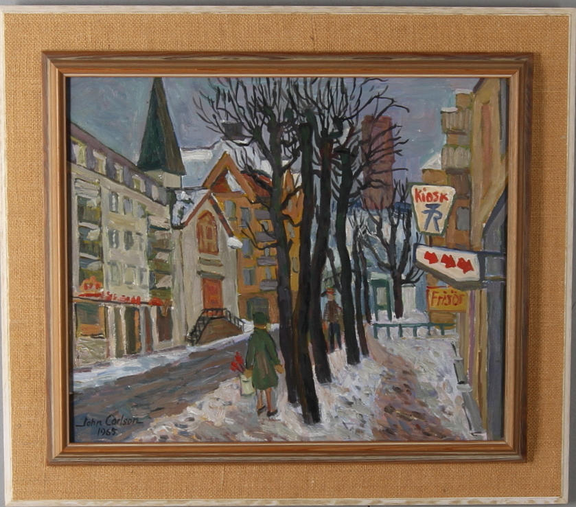 JOHN CARLSSON. Esplanaden Sundbyberg, olja på pannå, signerad och daterad -55.