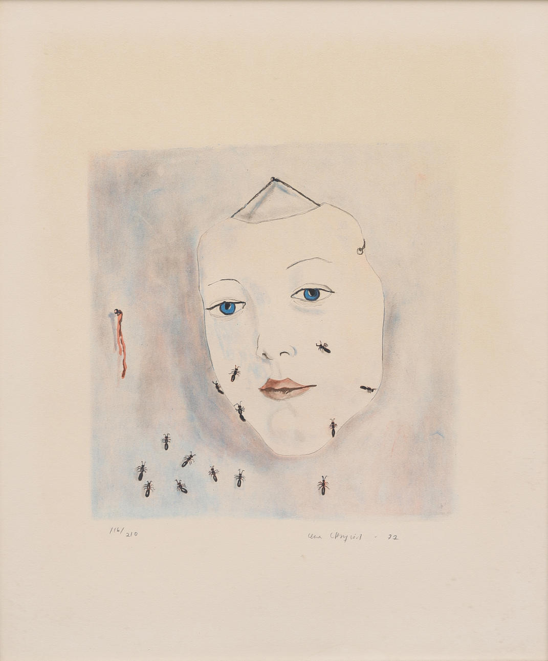 LENA CRONQVIST. Composition with mask and ants, lithograph, signed, dated -77 and numbered 116/210.
