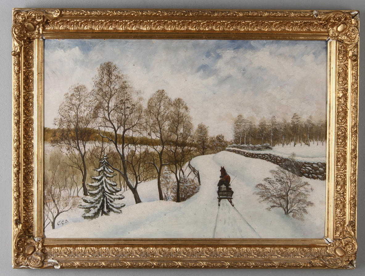 OIDENTIFIERAD KONSTNÄR. Släde i vinterlandskap, olja på pannå, monogramsignerad, 18/1900-tal.