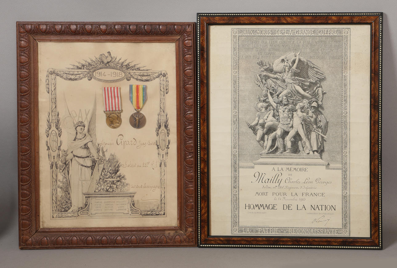 A WW1 STYLE FRENCH MEDAL GROUP WITH SERVICE SCROLL AND ONE OTHER FRENCH ...