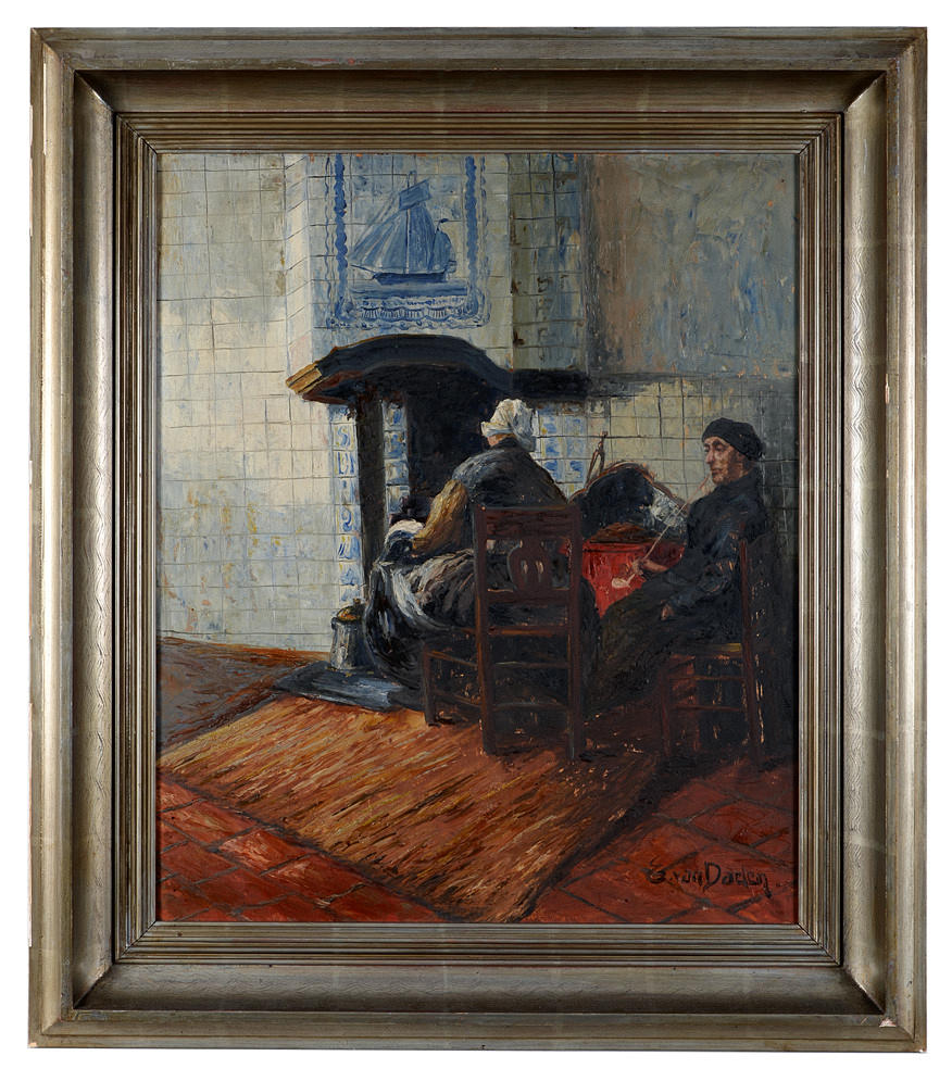 HÖLLANDIAN PARLOUR MED MÄNNISKOR. Olja på pannå, signerad E. van Daelen.