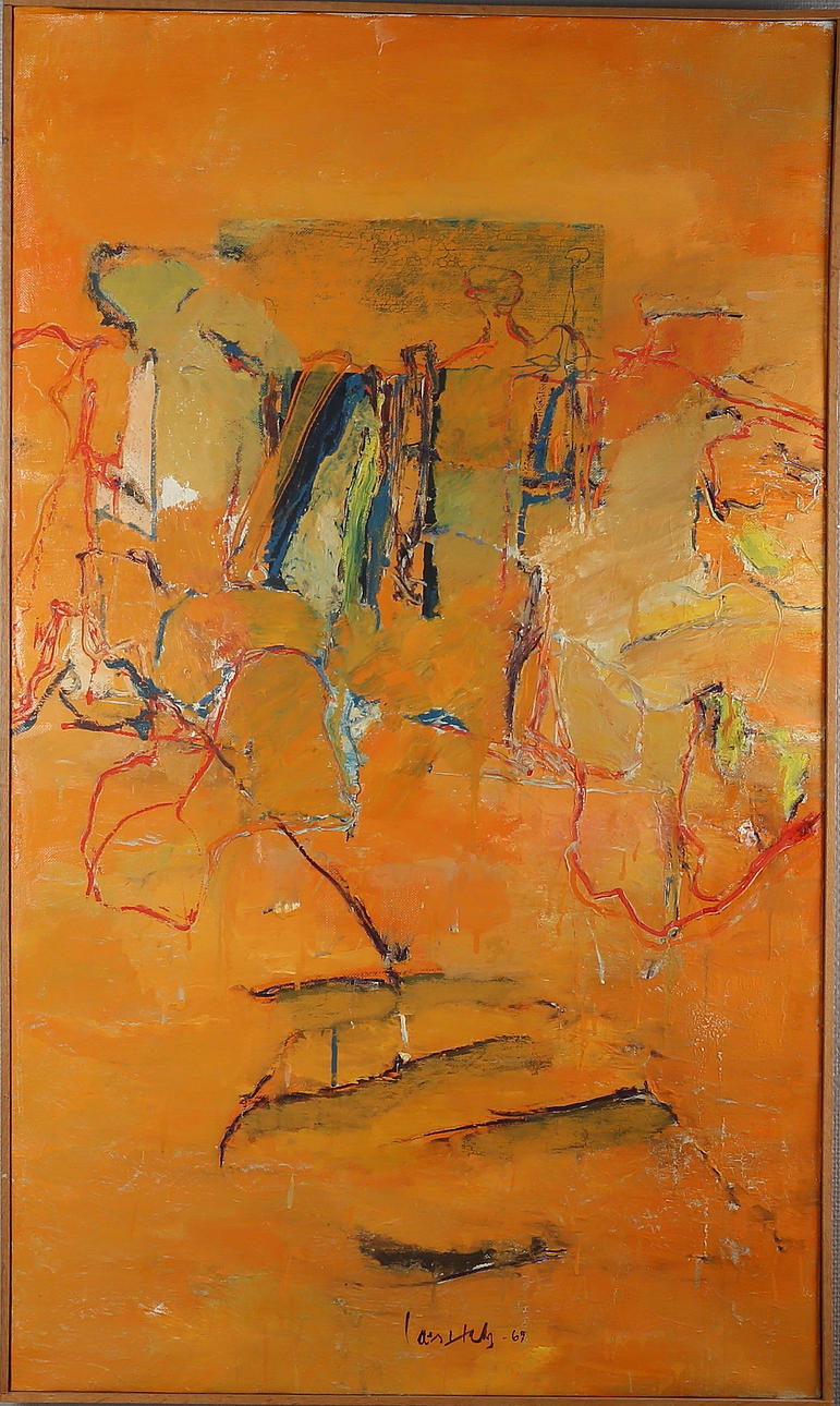 LARS HARSTRÖM. "När plötsligt den stora befinner sig i blåsväder....", olja på duk, signerad samt daterad 1969.