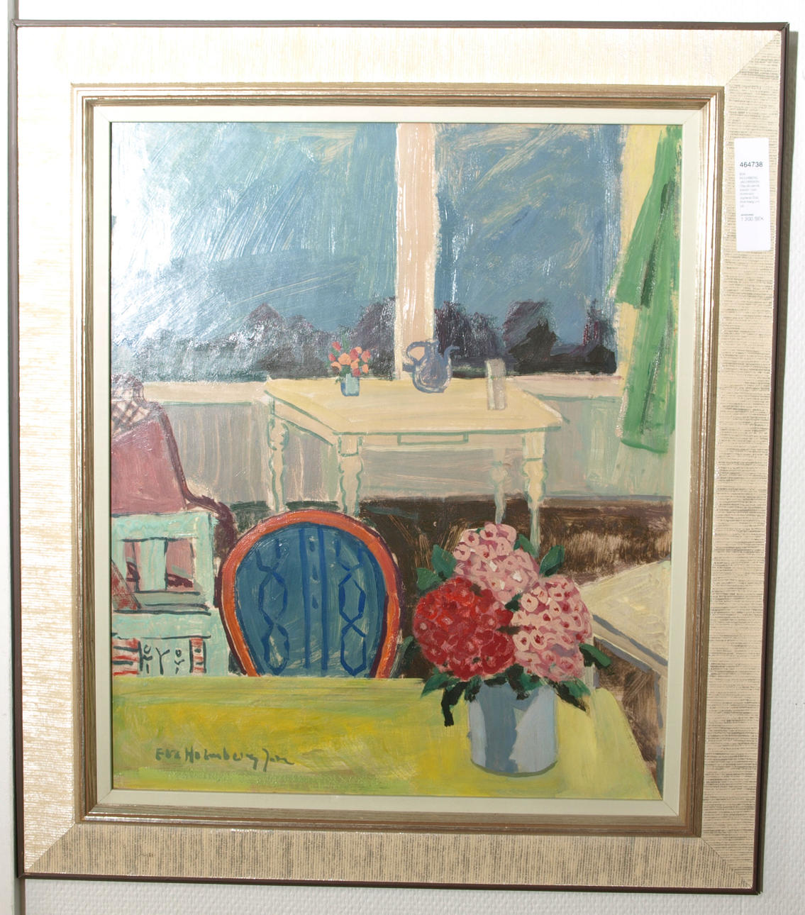 EVA HOLMBERG JACOBSSON. Olja på pannå, Interiör med hortensior, signerad Eva Holmberg J-n.