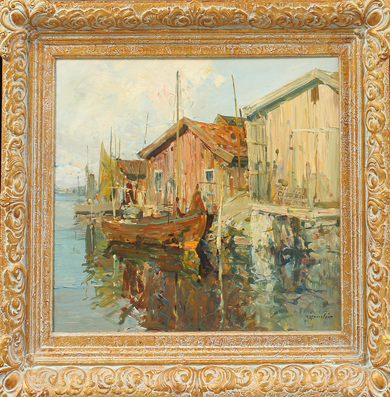 HUGO ÖFVERSTRÖM. Hamnbild, olja på pannå, signerad.