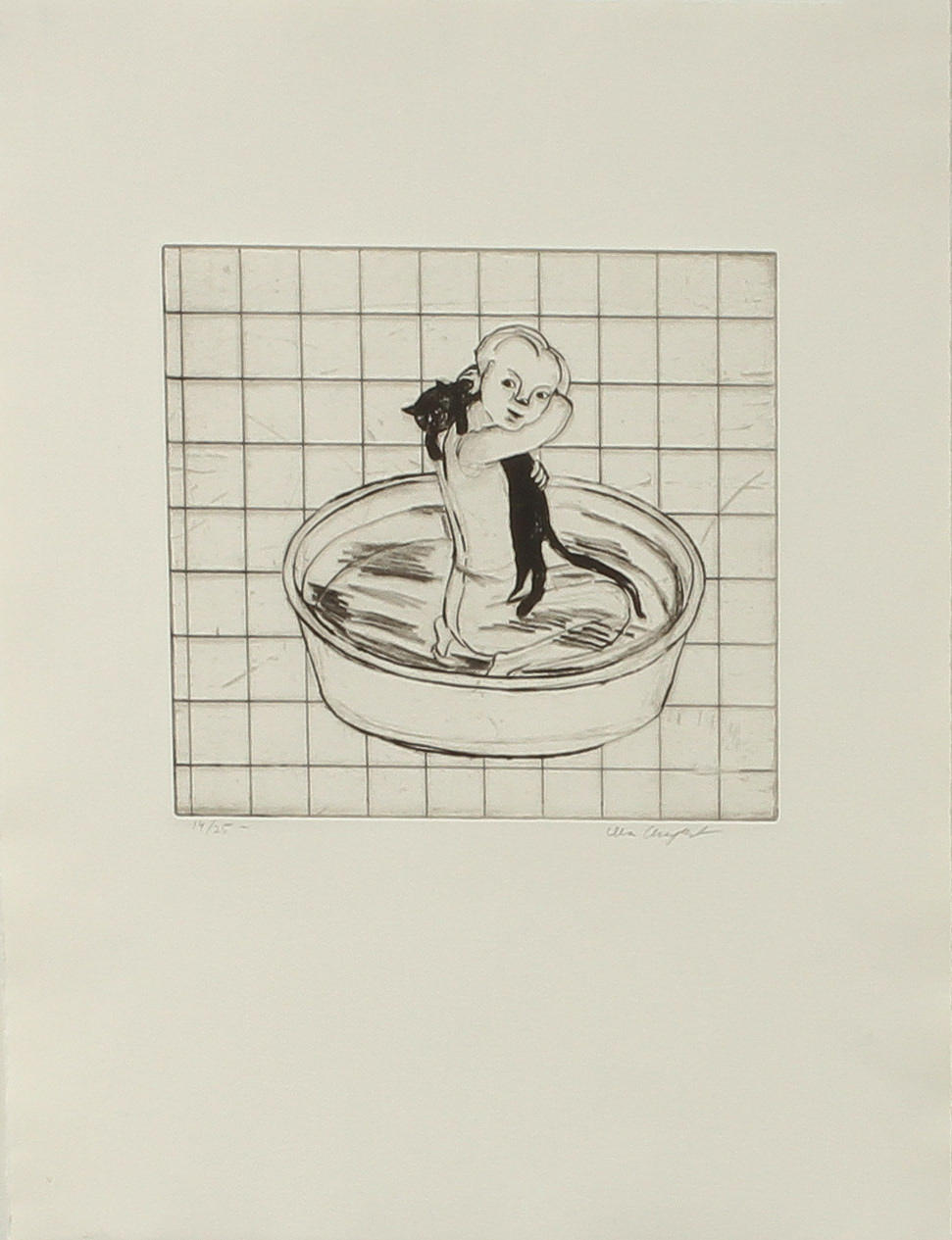 LENA CRONQVIST. Flicka med katt på axeln, etsning, sign och numrerad 14/25.