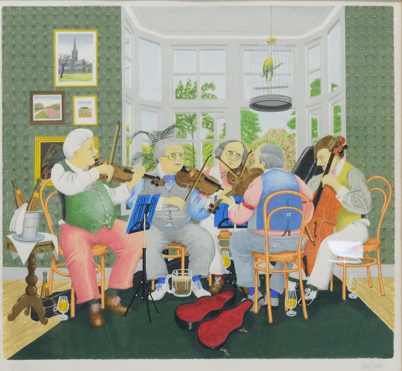 ULF GREDER. LITHOGRAPHY. INTERIOR WITH FIDDLERS.