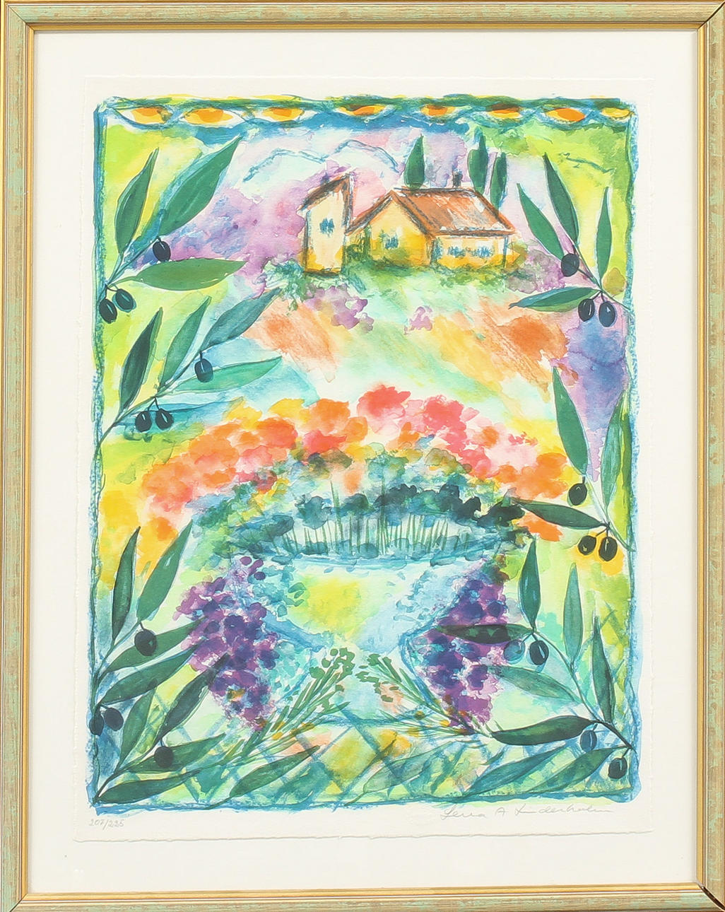 LENA LINDERHOLM. Trädgård med hus, litografi, sign o numrerad 207/225.
