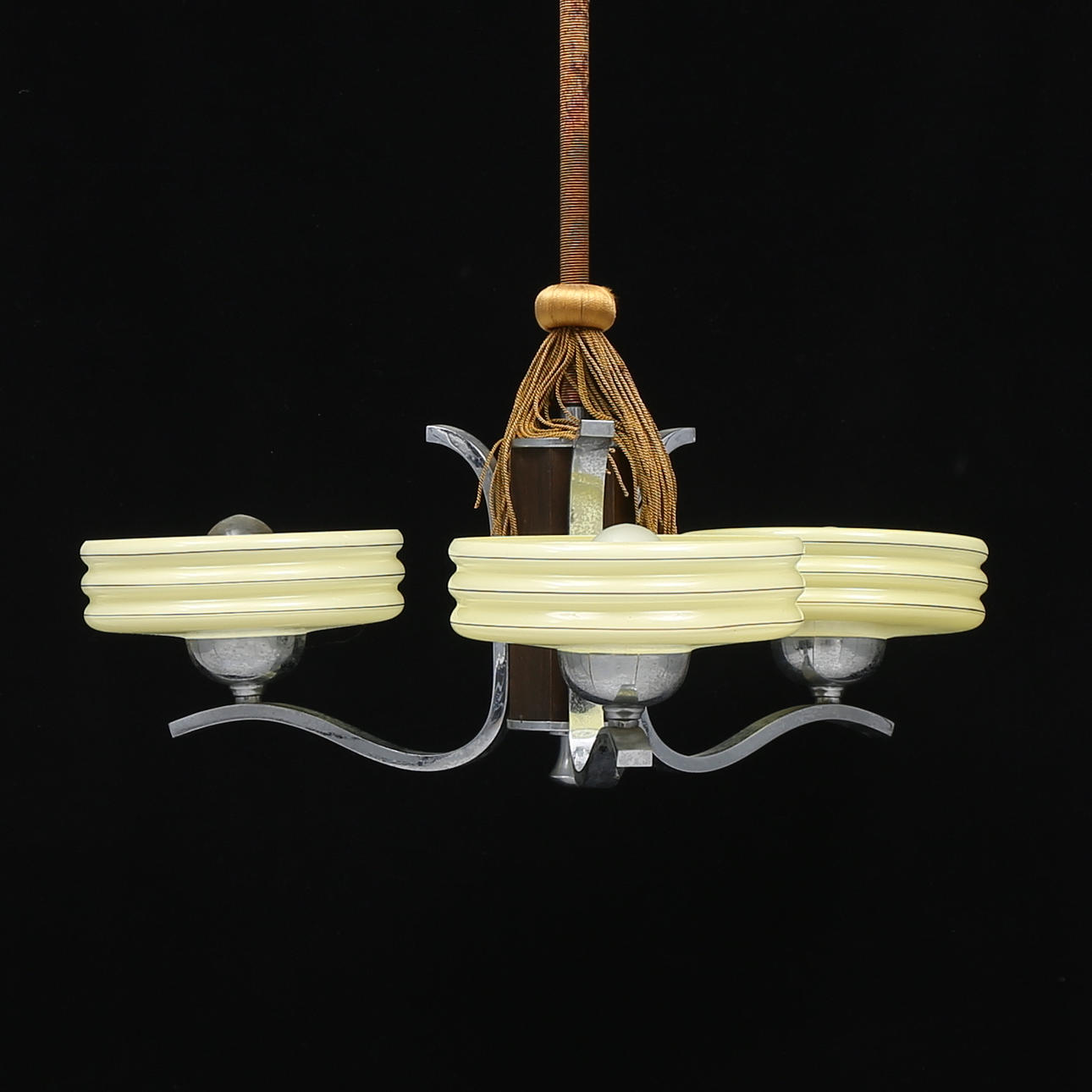 TAKLAMPA, 3-armad, glas/metall/trä, art deco.