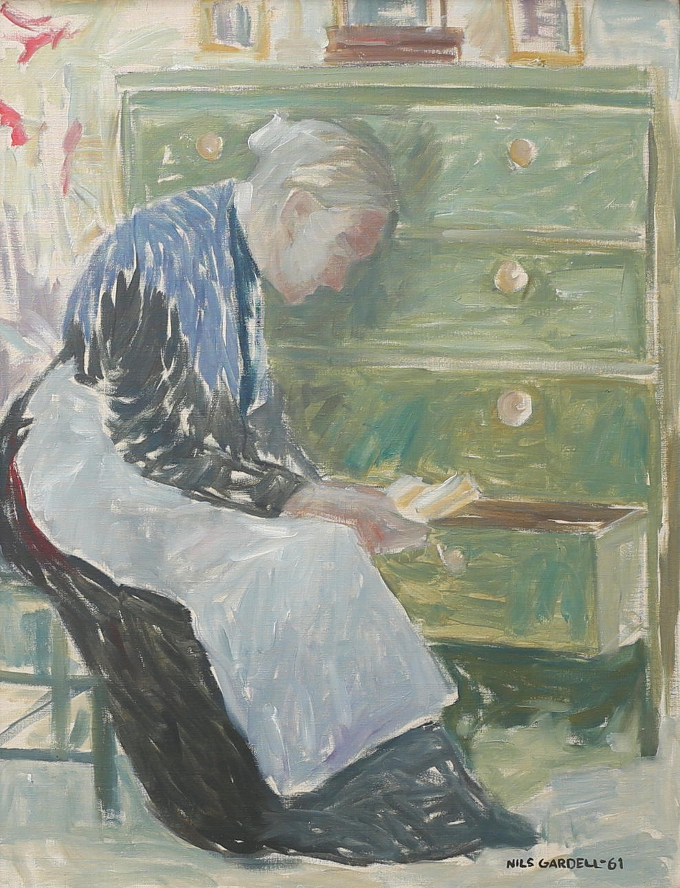 NILS GARDELL. "De gulnade breven". Olja på duk, signerad och daterad -61.