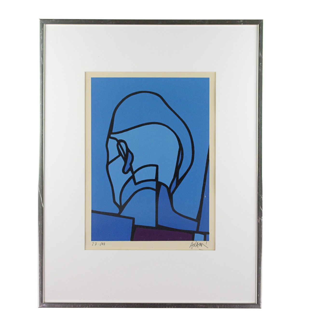 VALERIO ADAMI. Serigraph, 27/100, head in blue, signed.