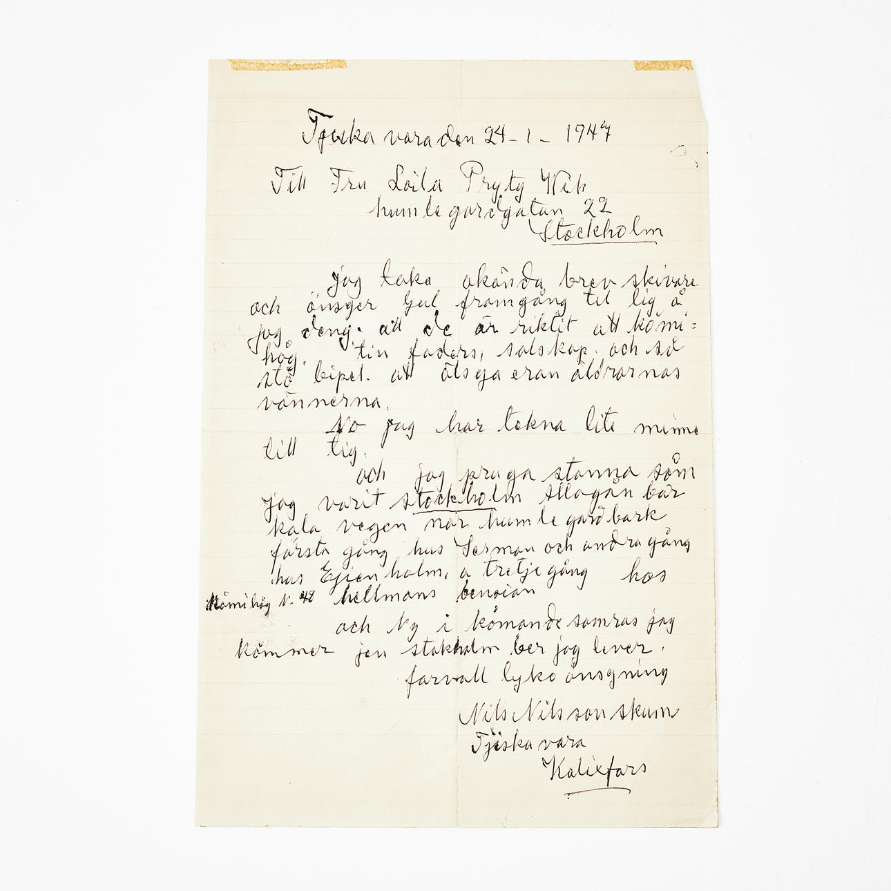 NILS NILSSON FOAM. Handwritten letter to artist Laila Prytz. Dated ...